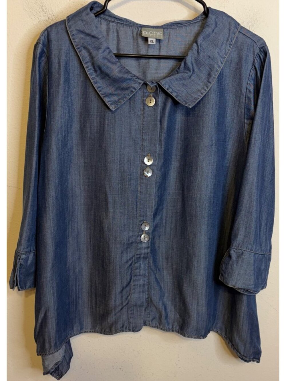 NICHE Nilgun Derman XL Chambray Button Blouse Shirt Peterpan Collar Sharkbite